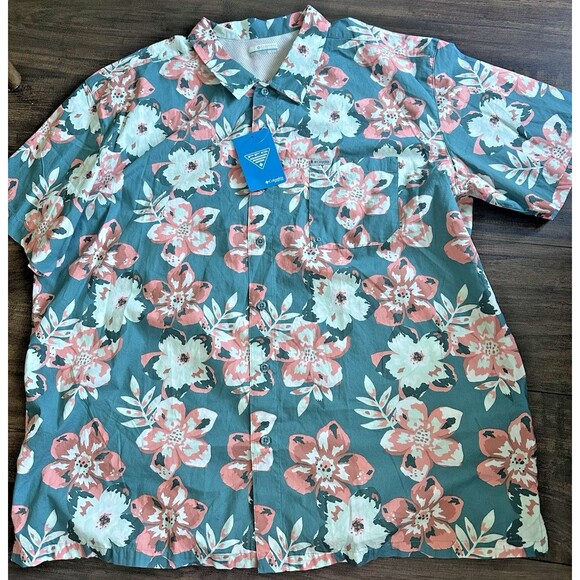 Columbia Men's PFG Trollers Short Sleeves Button Up Shirt Floral Canyon Blue XXL - Picture 3 of 8